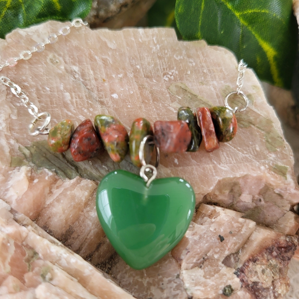 Unakite Stones With Jade Heart Story Necklace